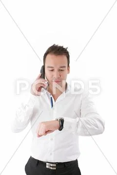 Businessman look his watch, isolated on white Stock Photos