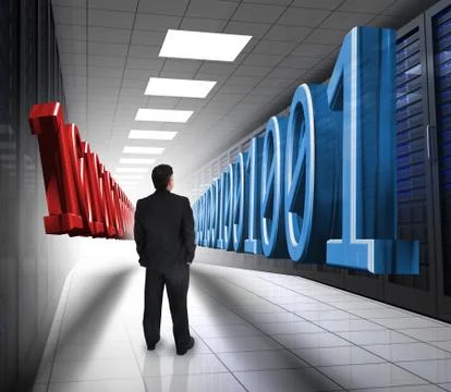 Businessman looking at 3d binary code in data center Foto stock