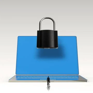 Businessman looking at 3d laptop computer with padlock as internet security o Stock Illustration