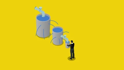 Businessman looking after 2 leaking water tanks 3d animation cartoon Stock Footage 327343298