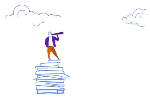 Businessman looking binocular book stack business vision concept horizontal Stock Illustration
