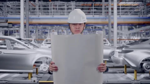 Businessman Looking At Blueprint In Hands While Walking In Car Factory Stock Footage 331630637