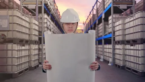 Businessman Looking At Blueprint In Hands While Walking at Fuel Warehouse Stock Footage 332124603