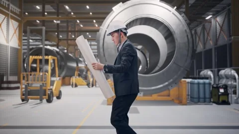 Businessman Looking At Blueprint In Hands While Walking at Heavy Factory Stock Footage 340813331