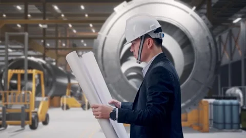 Businessman Looking At Blueprint In Hands While Walking at Heavy Factory Stock Footage 340813658