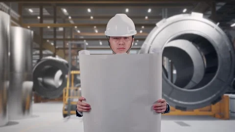 Businessman Looking At Blueprint In Hands While Walking at Heavy Factory Stock Footage 340813868