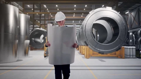 Businessman Looking At Blueprint In Hands While Walking at Heavy Factory Stock Footage 340814069