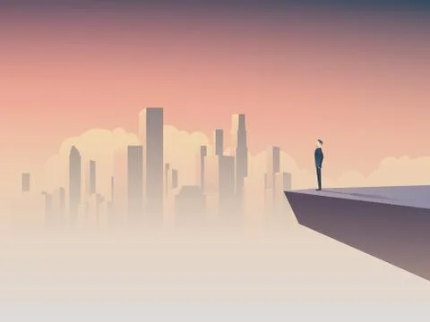 Businessman looking at cityscape vector concept. Symbol of business vision Illustrazione stock