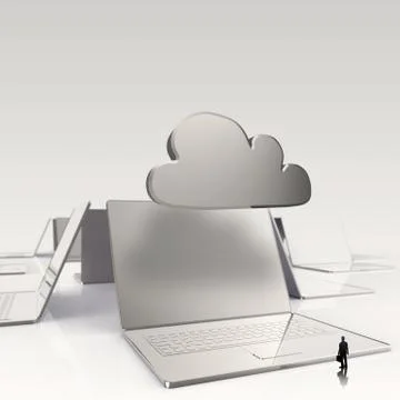 Businessman looking at cloud computing 3d sign on laptop computer as concept Stock Illustration