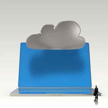 Businessman looking at cloud computing 3d sign on laptop computer as concept Stock Illustration