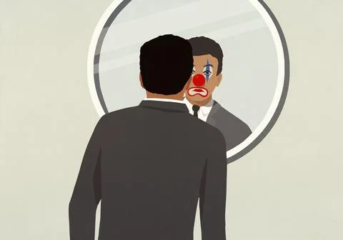 Businessman looking at clown face reflection in mirror Stock Illustration