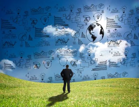 Businessman looking at graphs and data in the sky Stock Photos