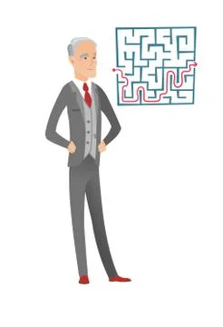 Businessman looking at labyrinth with solution. Stock Illustration