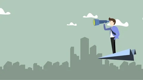 Businessman looking though binoculars on the rocket with a city background , bus Stock Footage 120218920