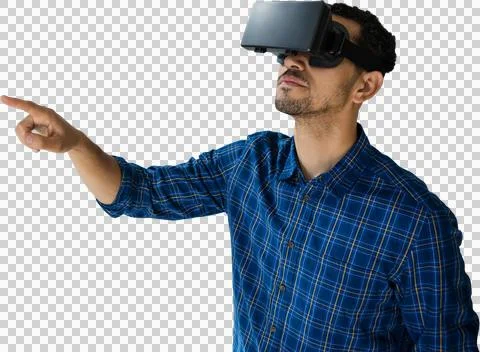 Businessman looking though virtual reality simulator against white background Stock Photos