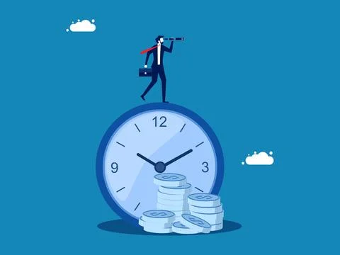 Businessman looking through binoculars on Clock with pile of coins Illustrazione stock