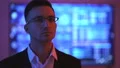 The businessman looking to the virtual display 4k or 4k+ Resolution