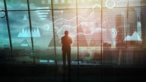 Businessman looks at big data in the virtual space. Stock Illustration
