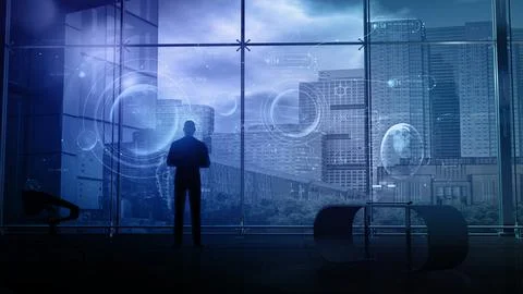 Businessman looks at data on a virtual interface, 3D render. Stock Illustration