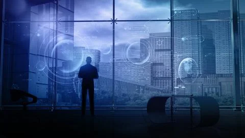 Businessman looks at data on a virtual interface, 3D render. イラスト素材