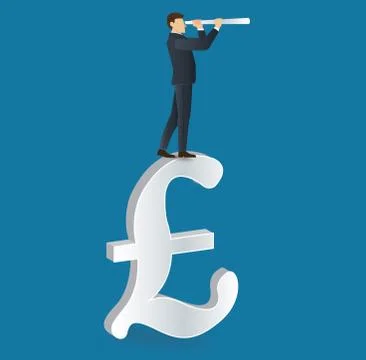 Businessman looks through a telescope standing on Pound icon Stock Illustration