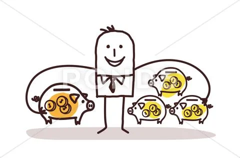 Businessman With Lot of Piggy Banks Stock Illustration