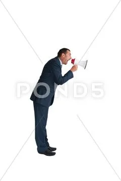 Businessman loudhailer isolated on white Stock Photos