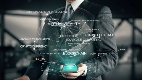 Businessman with Machine Translation hologram concept Stock Footage