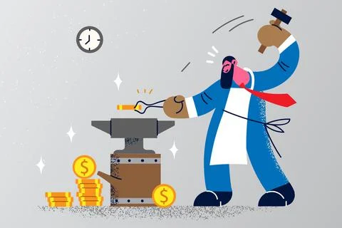 Businessman make money on anvil Stock Illustration