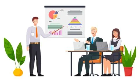 Businessman makes a presentation of a statistical report. Analysis and planning Illustrazione stock