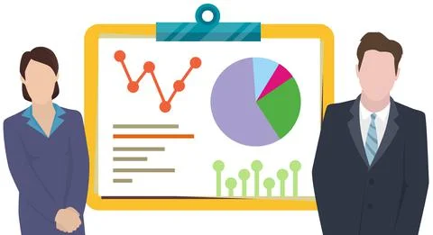 Businessman makes a presentation of a statistical report. Analysis and planning Illustrazione stock