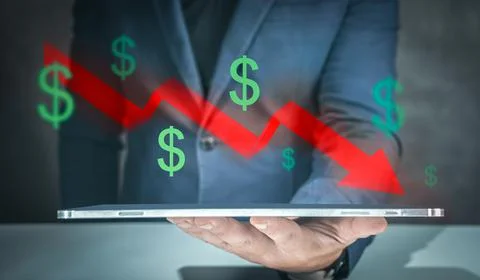 Businessman making decrease chart. Global financial crisis. Concept of econom 스톡 사진