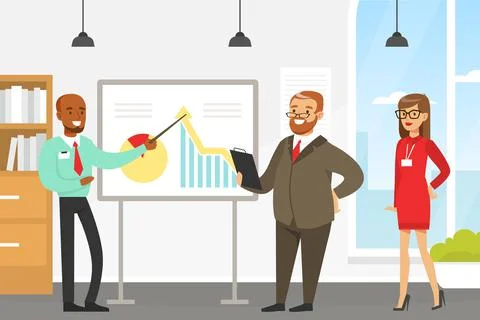 Businessman Making Presentation and Explaining Chart on Whiteboard, Business Stock Illustration