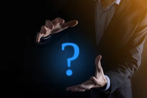 Businessman man hand hold interface question marks sign web. Ask quiestion on Stock Photos