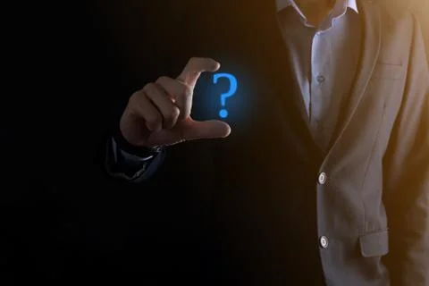 Businessman man hand hold interface question marks sign web. Ask quiestion on Stock Photos