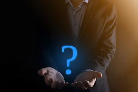Businessman man hand hold interface question marks sign web. Ask quiestion on Stock Photos