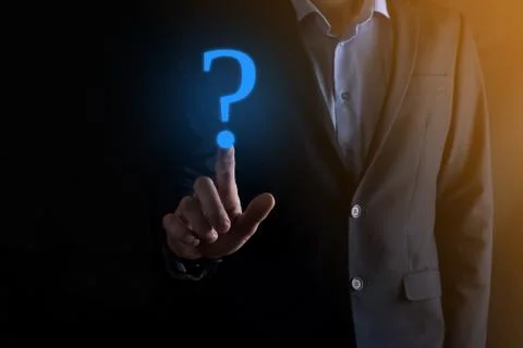 Businessman man hand hold interface question marks sign web. Ask quiestion on Stock Photos