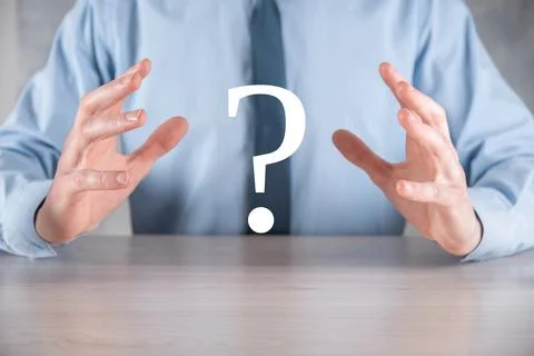 Businessman man hand hold interface question marks sign web. Ask quiestion on Stock Photos
