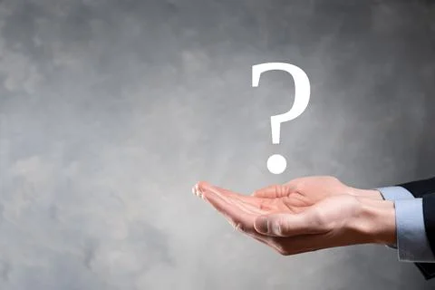 Businessman man hand hold interface question marks sign web. Ask quiestion on Stock Photos