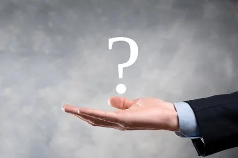 Businessman man hand hold interface question marks sign web. Ask quiestion on Stock Photos
