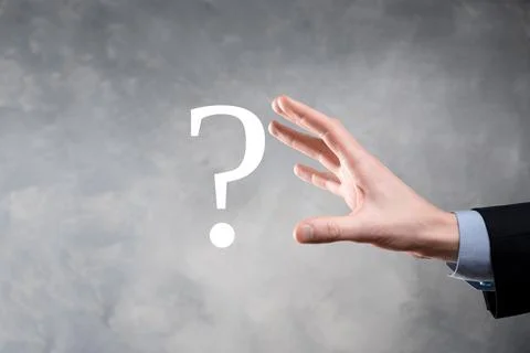 Businessman man hand hold interface question marks sign web. Ask quiestion on Stock Photos