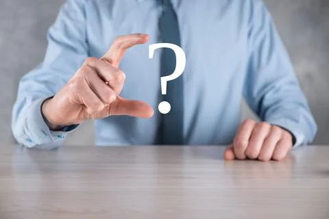 Businessman man hand hold interface question marks sign web. Ask quiestion on Stock Photos
