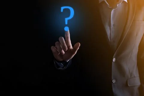 Businessman man hand hold interface question marks sign web. Ask quiestion on Stock Photos
