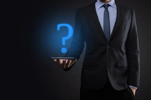 Businessman man hand hold interface question marks sign web. Ask quiestion on Stock Photos
