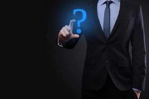 Businessman man hand hold interface question marks sign web. Ask quiestion on Stock Photos
