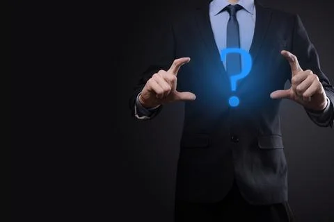 Businessman man hand hold interface question marks sign web. Ask quiestion on Stock Photos
