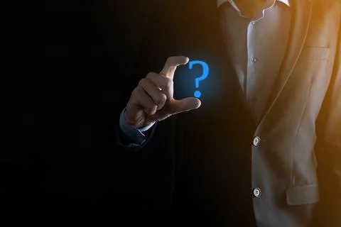 Businessman man hand hold interface question marks sign web. Ask quiestion on Stock Photos