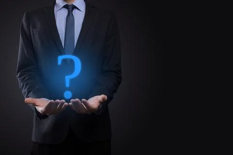 Businessman man hand hold interface question marks sign web. Ask quiestion on Stock Photos