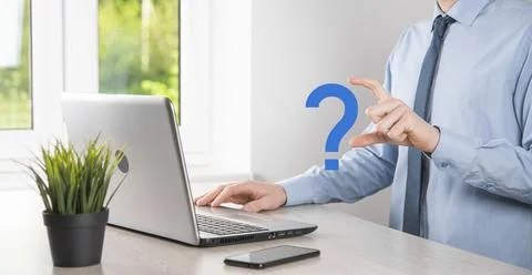 Businessman man hand hold interface question marks sign web. Ask quiestion on Stock Photos