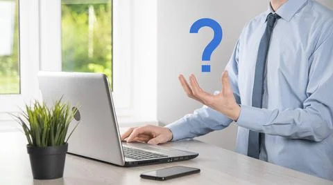 Businessman man hand hold interface question marks sign web. Ask quiestion on Stock Photos